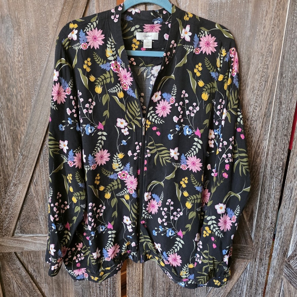 CJ Banks Jacket Women's Size 1X Black Multi Color Floral Full Zip Lightweight